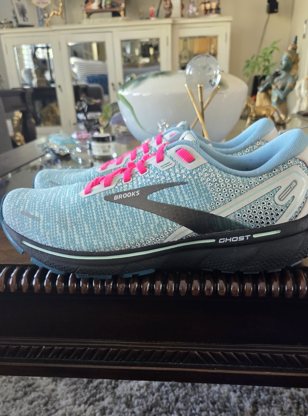 Brooks Ghost 14 Women's Running Shoes in Light Blue with Pink Accents